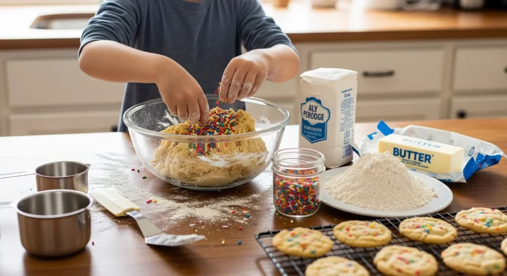 A step-by-step process of making confetti cookies with ingredients laid out on a kitchen counter.
