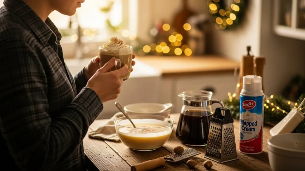A cozy kitchen scene with ingredients for eggnog and coffee, including eggnog, brewed coffee, whipped cream, and nutmeg.