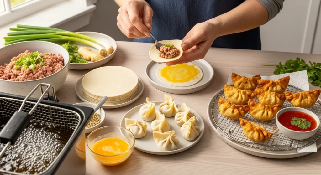 Step-by-step process of making fried wontons with ingredients displayed.