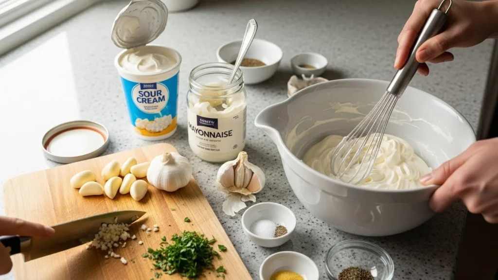 Ingredients and steps for making garlic dip displayed in a bright kitchen.