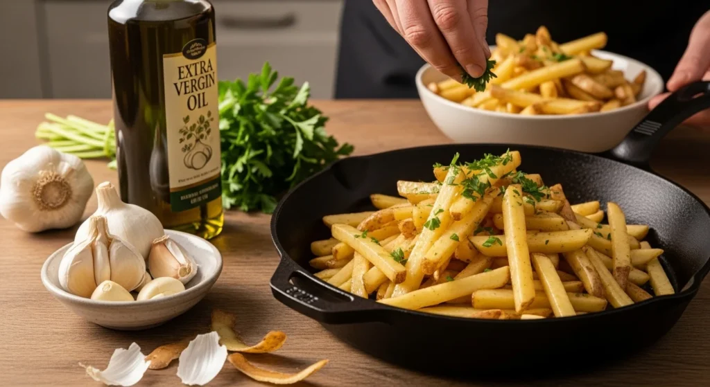 A step-by-step guide to making garlic fries, featuring ingredients and preparation methods.