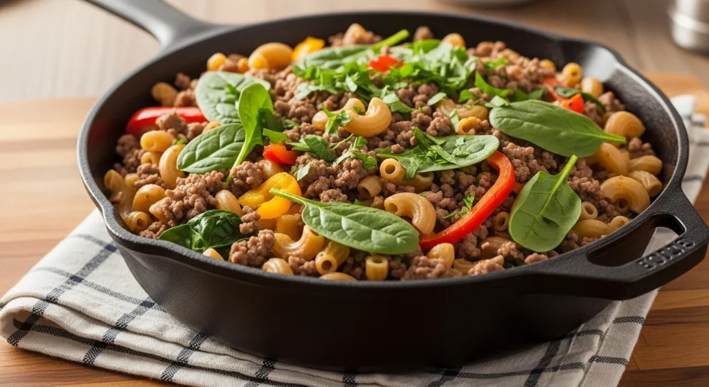 A skillet filled with healthy hamburger helper, featuring lean ground beef, whole wheat pasta, and vibrant vegetables.