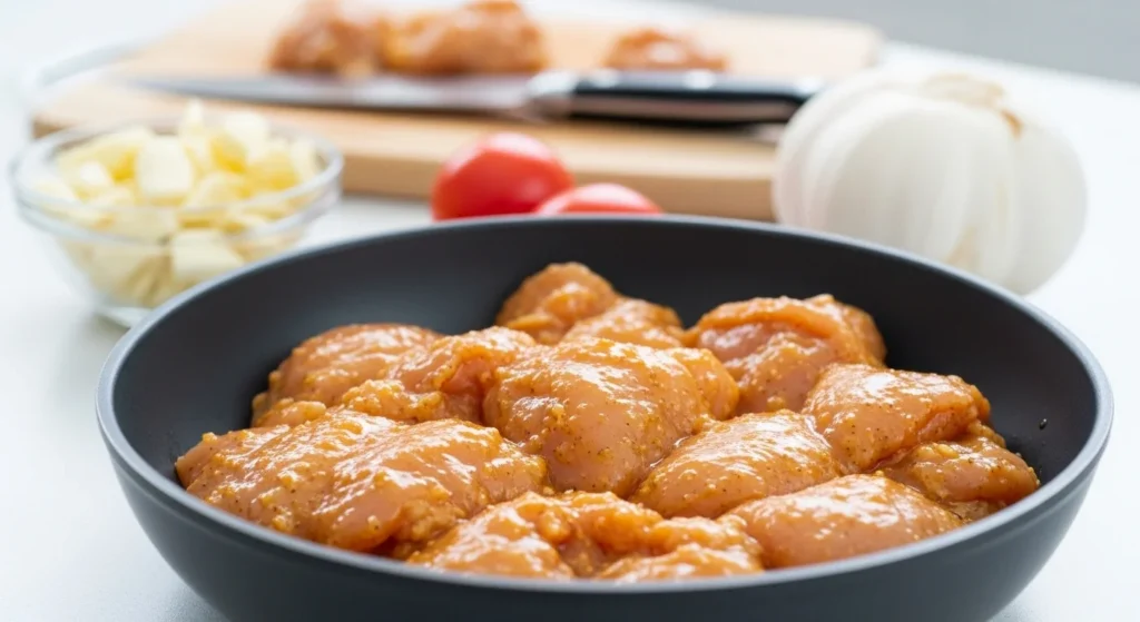 Step-by-step process of making miso chicken with ingredients laid out.