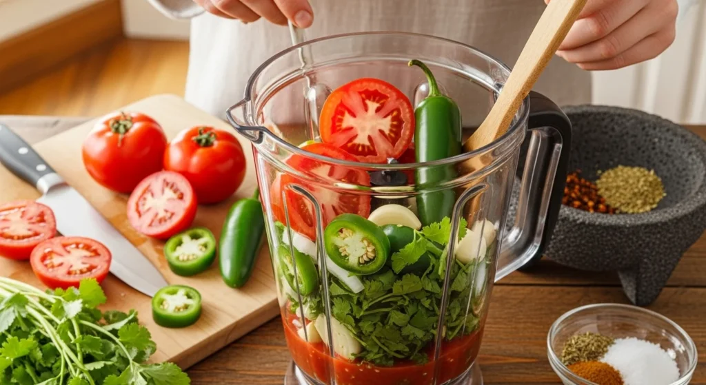 A step-by-step process of making salsa roja with fresh ingredients.