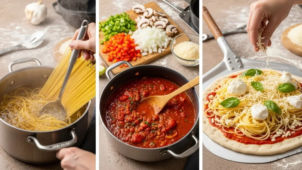 A step-by-step preparation of spaghetti pizza, showing cooked spaghetti, sauce, and pizza assembly.