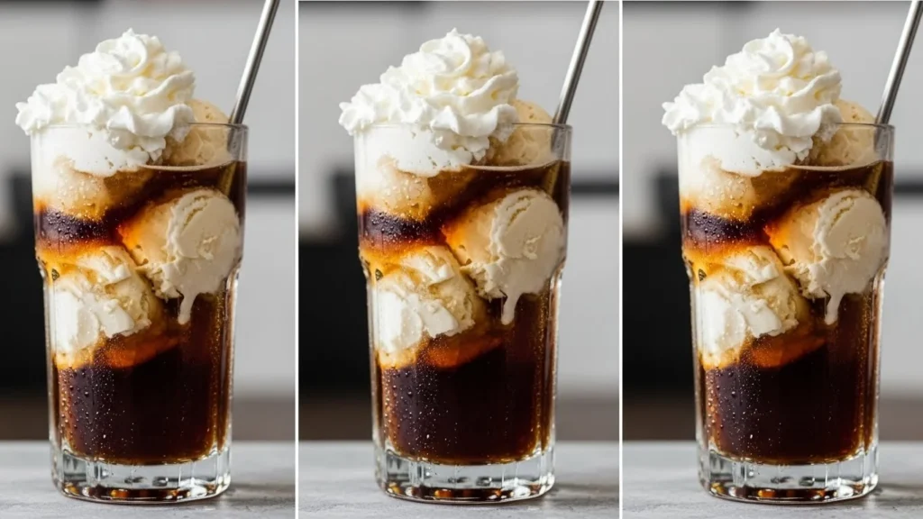 Step-by-step process of making a root beer float with ingredients displayed.