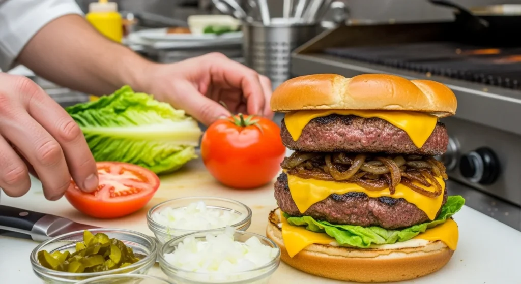 A step-by-step preparation of a Flying Dutchman Burger with ingredients laid out.