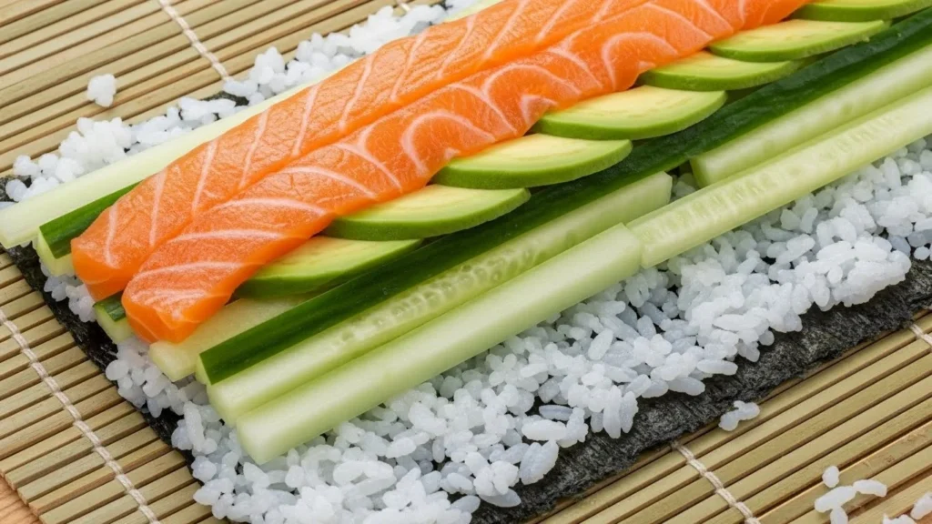 A salmon roll being prepared with fresh ingredients on a bamboo mat.
