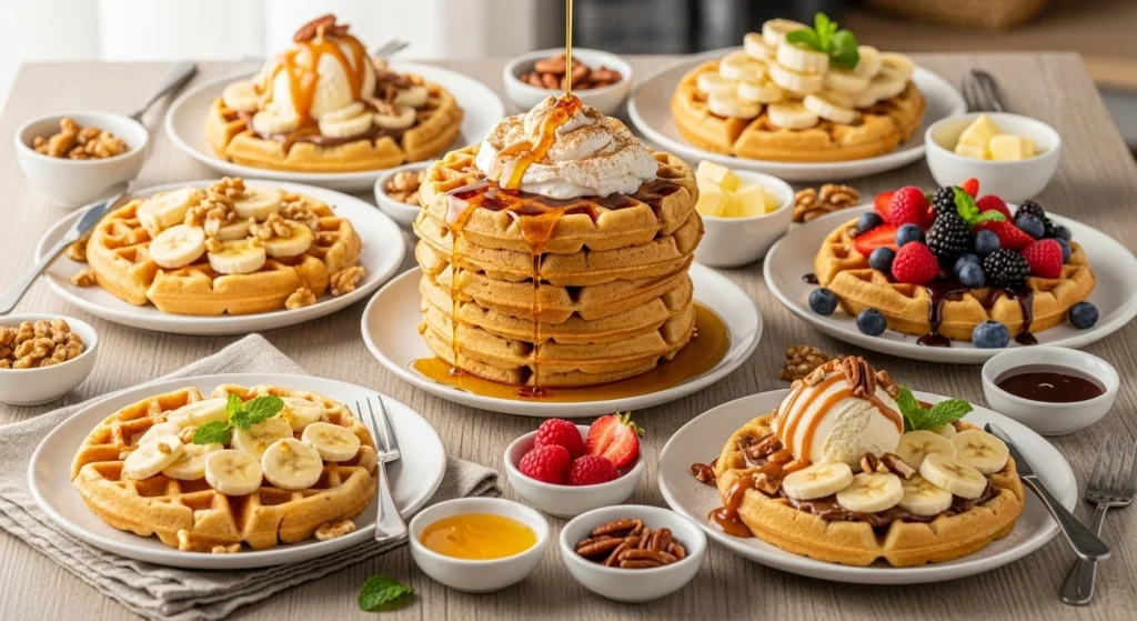 Different ways to serve banana waffles with various toppings.