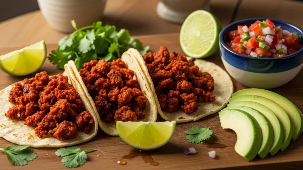 Chorizo tacos served with fresh garnishes and sides.