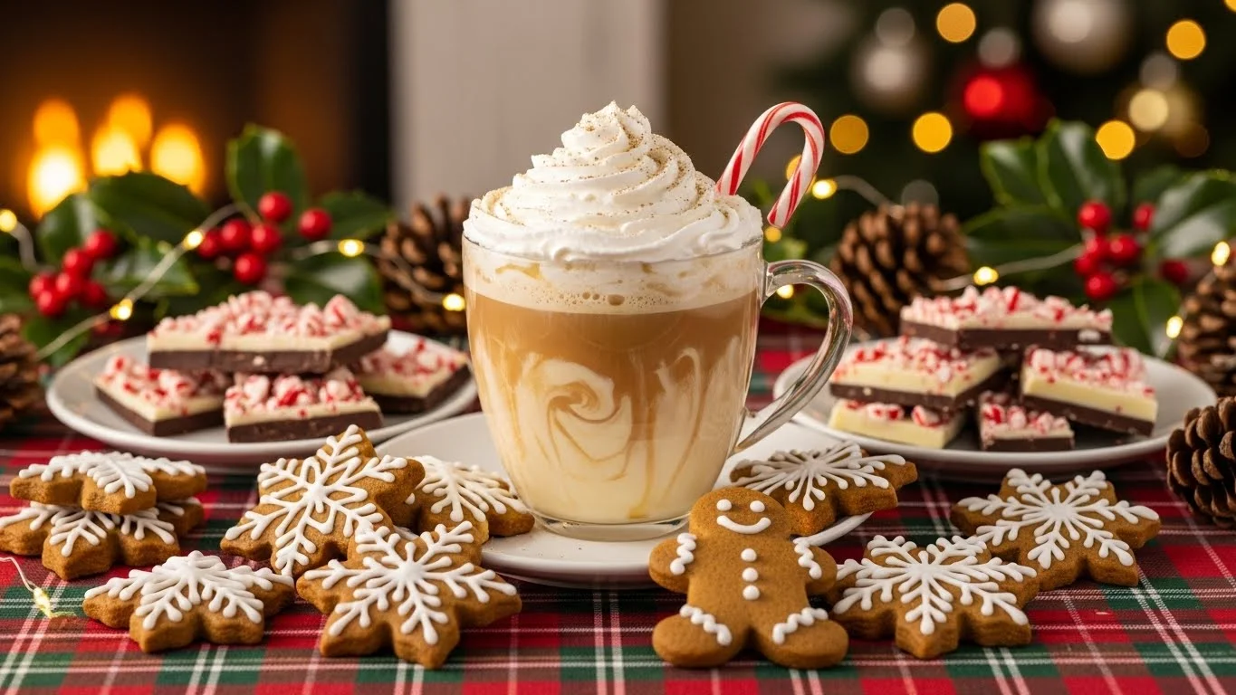 A beautifully served cup of eggnog and coffee with festive toppings and holiday treats.