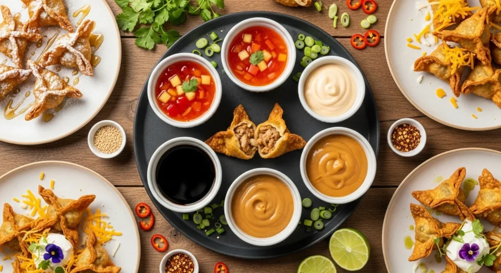 Serving suggestions for fried wontons with various dips and garnishes.