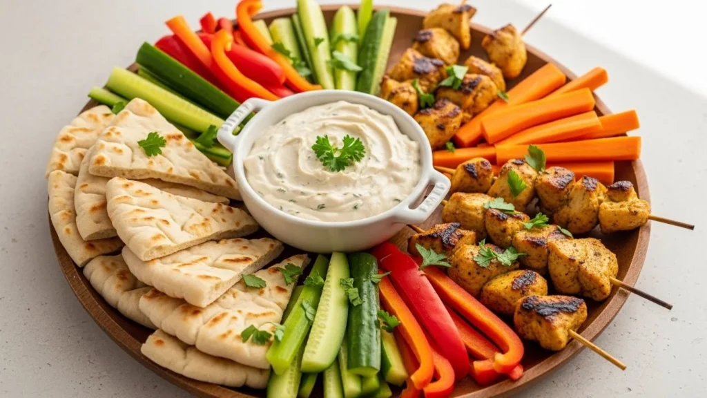 Serving suggestions for garlic dip displayed on a platter.
