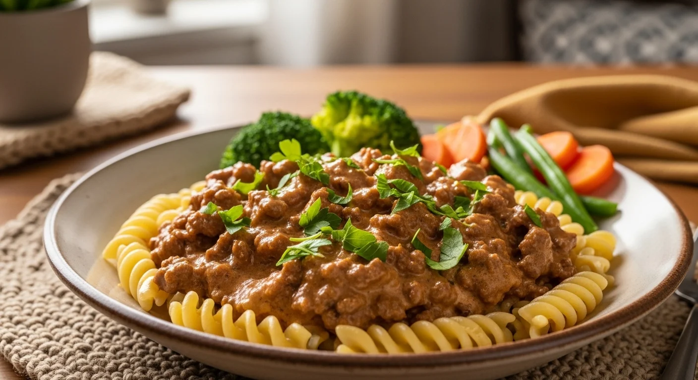 Healthy hamburger helper served with garnishes and a side of vegetables.