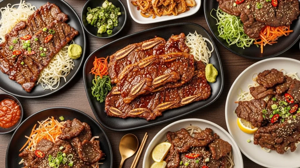 Kalbi beef served in lettuce wraps, with rice, and as tacos.