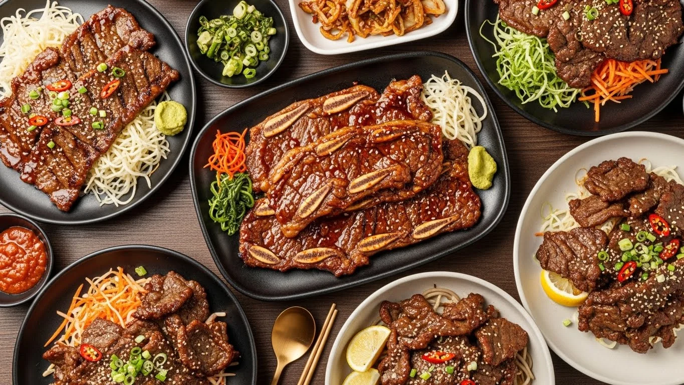 Kalbi beef served in lettuce wraps, with rice, and as tacos.