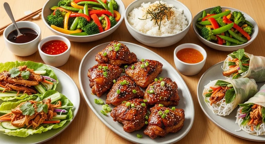 Serving suggestions for miso chicken with rice and veggies.