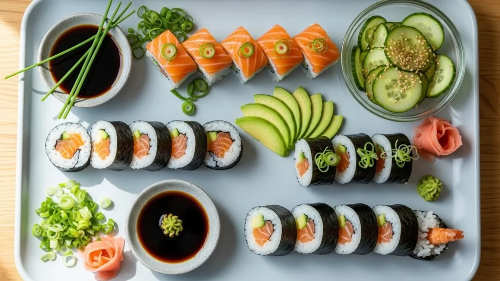 Serving suggestions for salmon rolls with various sides.