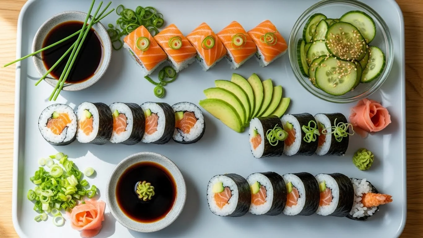 Serving suggestions for salmon rolls with various sides.