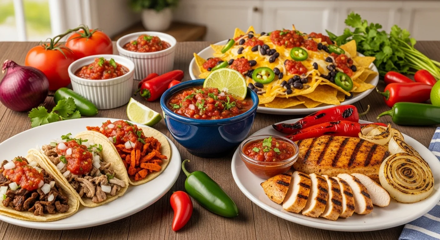 Different serving suggestions for salsa roja.