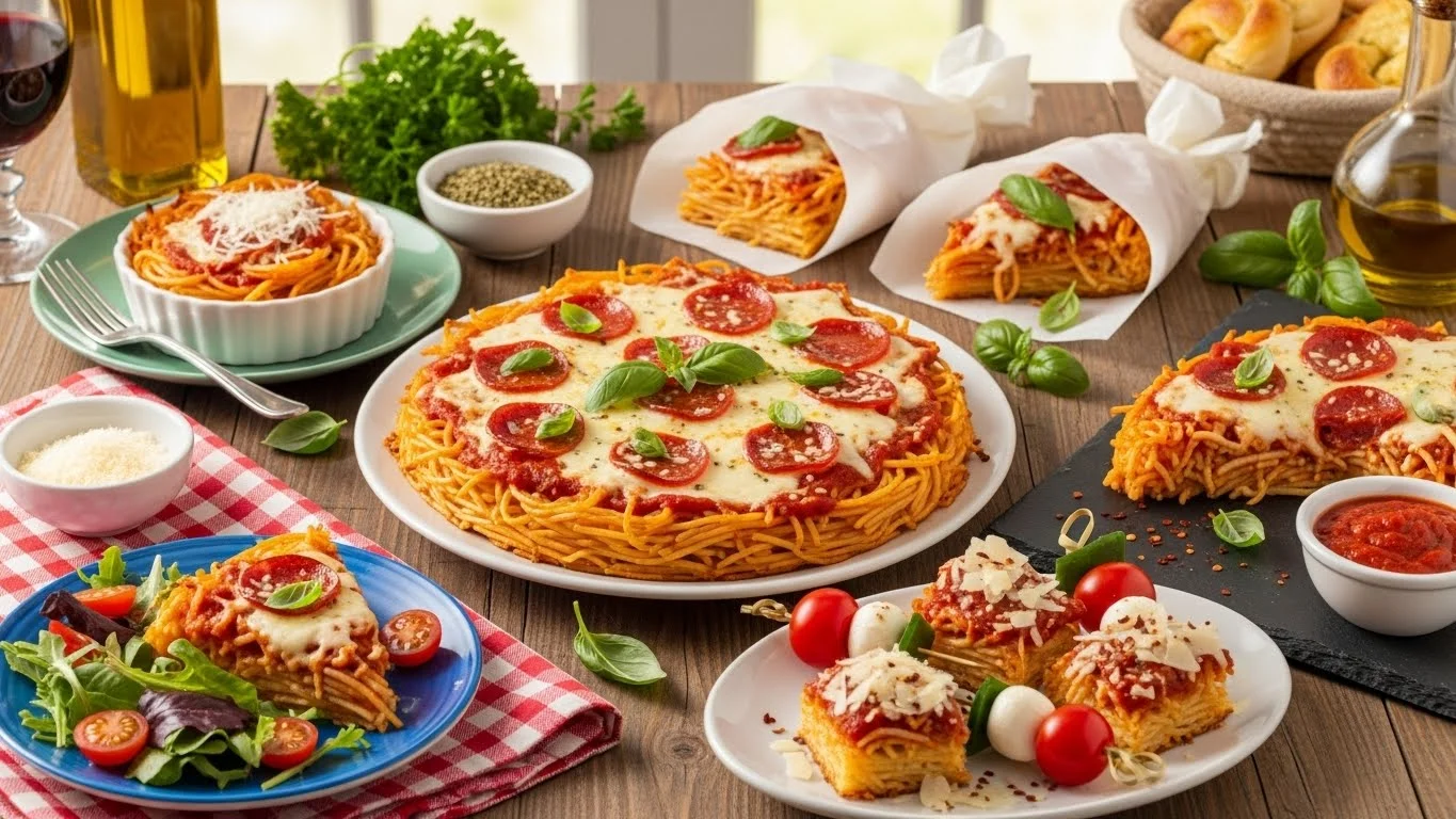 Serving suggestions for spaghetti pizza with garnishes and side dishes.