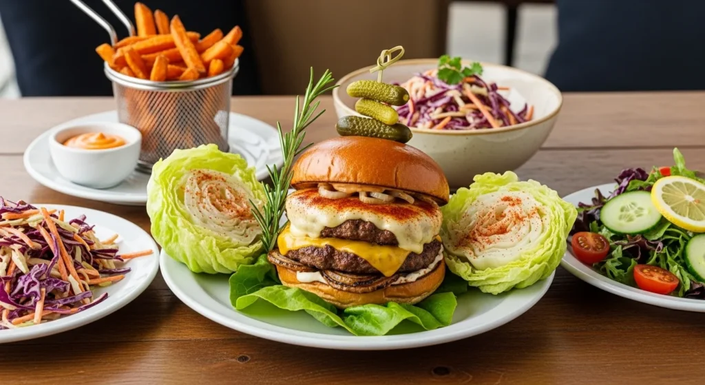 Serving suggestions for the Flying Dutchman Burger with sides.