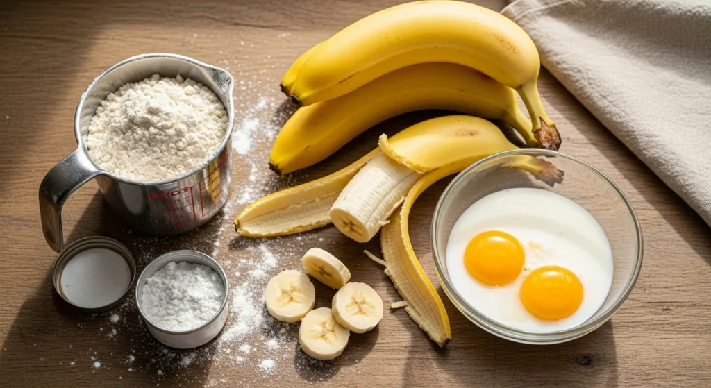 Ingredients for banana waffles displayed on a kitchen counter.