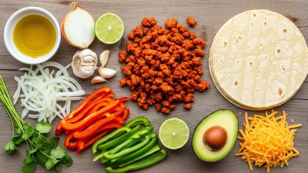 Ingredients for chorizo tacos displayed on a wooden cutting board.