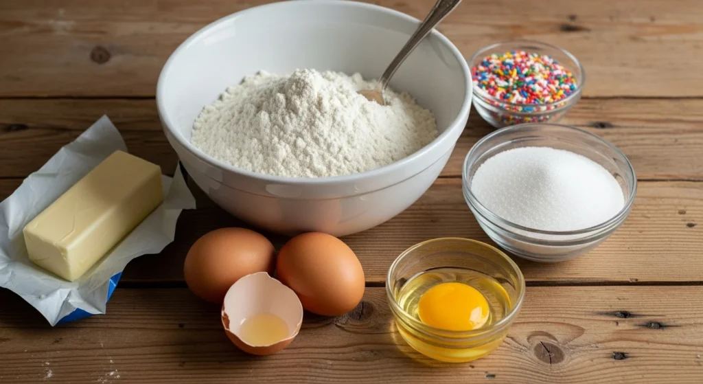 Ingredients for confetti cookies displayed on a wooden table.