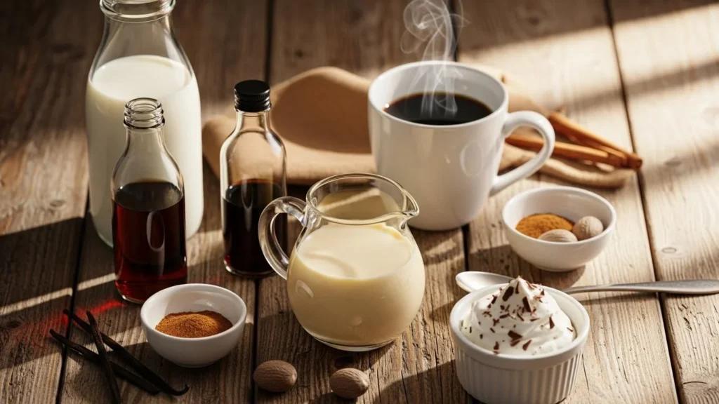 Ingredients for eggnog and coffee displayed on a wooden table, including eggnog, coffee, and spices.