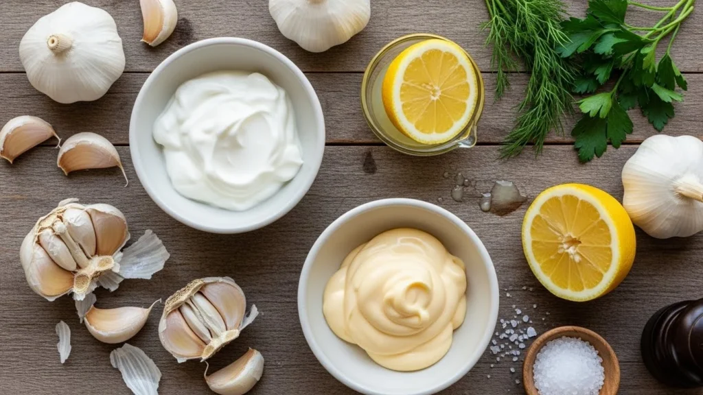Ingredients for garlic dip arranged on a wooden table.