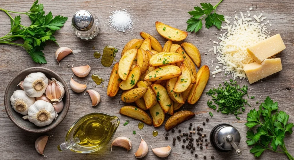 Ingredients for making garlic fries displayed on a wooden surface.