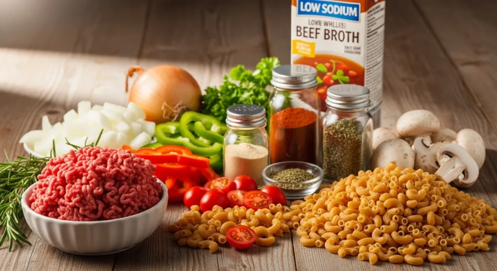 Ingredients for healthy hamburger helper displayed on a wooden countertop.