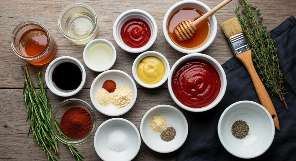 Ingredients for honey BBQ sauce including honey, chicken thighs, and spices displayed on a rustic wooden table.