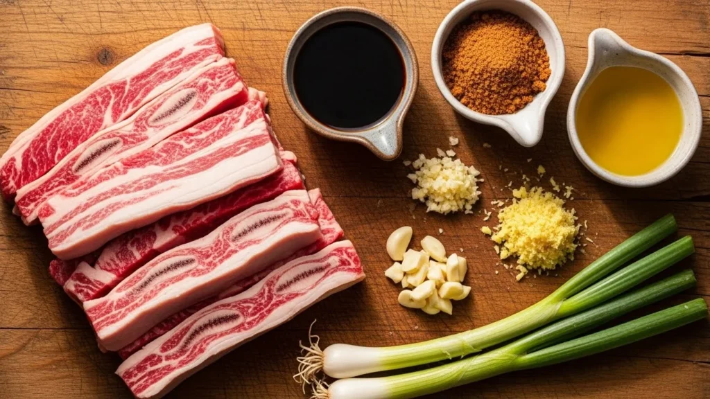 Ingredients for kalbi beef including beef short ribs, soy sauce, brown sugar, garlic, ginger, sesame oil, and green onions.