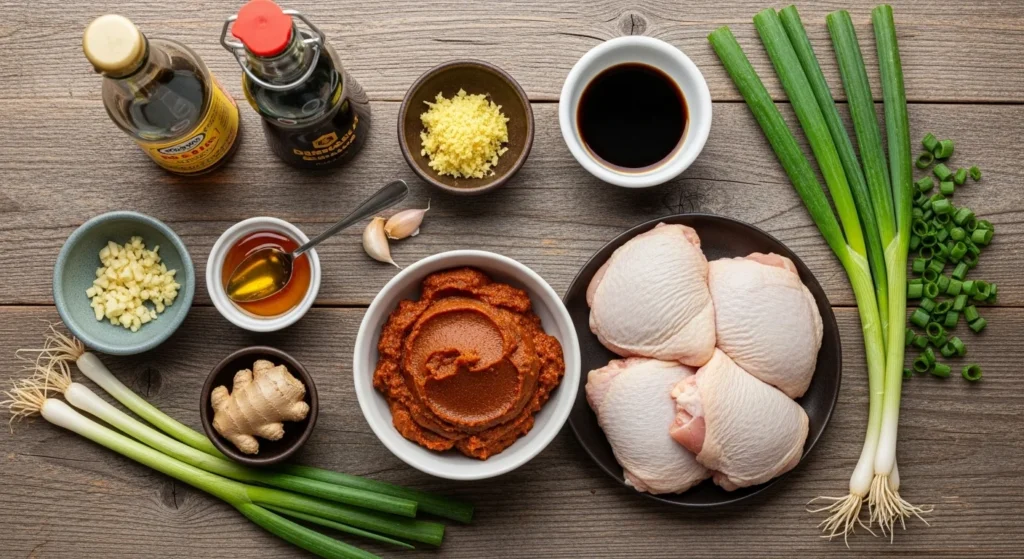 Ingredients for miso chicken displayed on a wooden countertop.