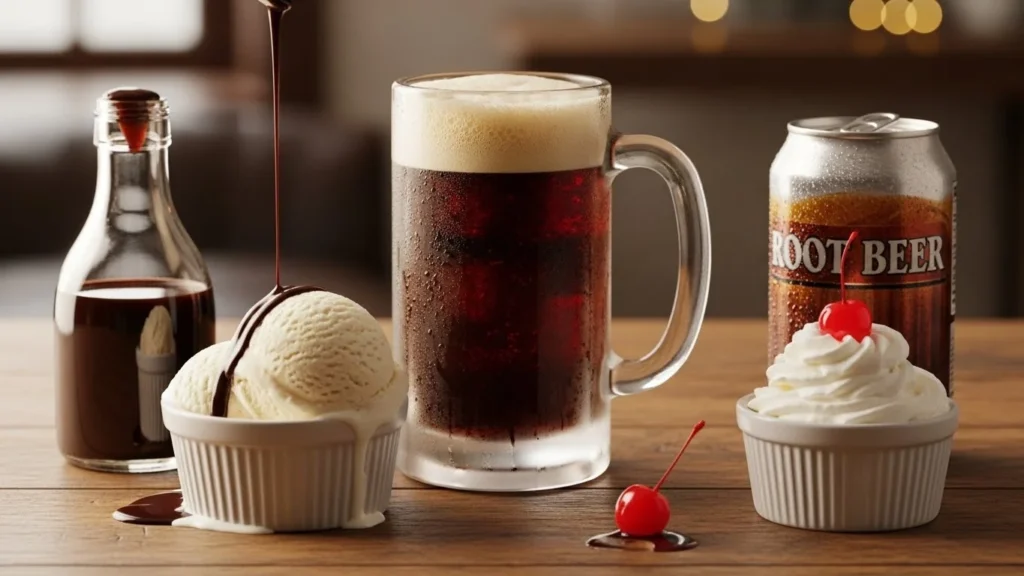 Ingredients for a root beer float displayed on a wooden table.