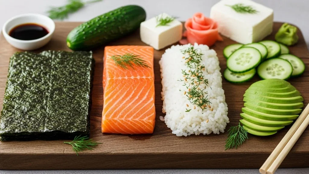 Ingredients for making a salmon roll displayed on a wooden cutting board.