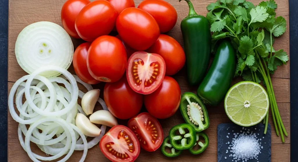 Ingredients for salsa roja displayed beautifully.