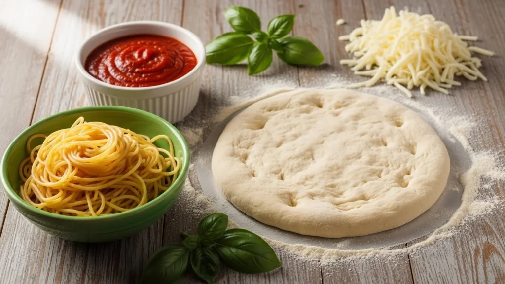 Ingredients for spaghetti pizza displayed on a wooden table.