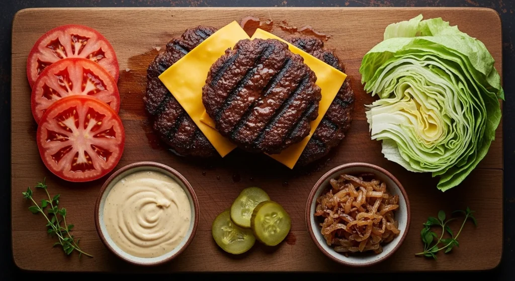 Ingredients for a Flying Dutchman Burger displayed on a wooden cutting board.