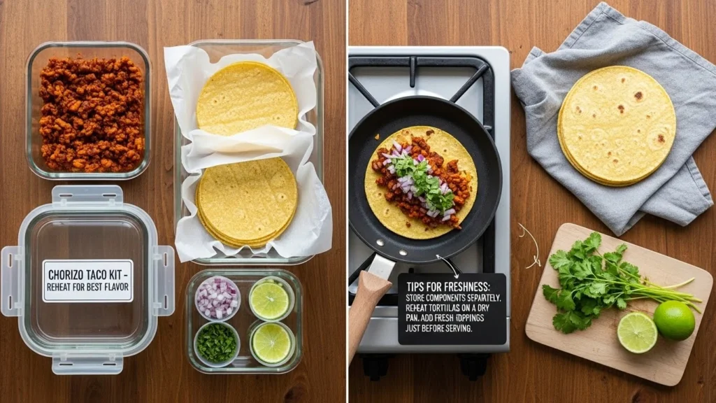 Storing and reheating chorizo tacos for later enjoyment.