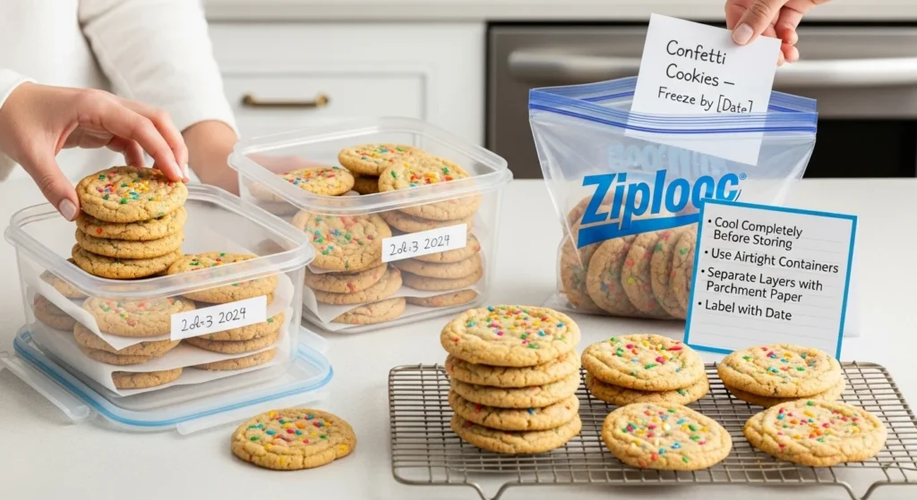 Storage tips for confetti cookies.