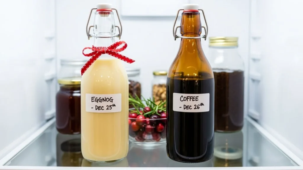 Containers of eggnog and coffee leftovers stored in a refrigerator.