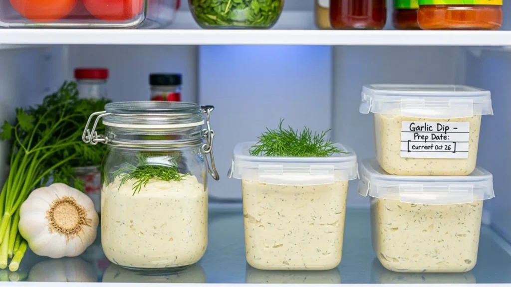 Storage tips for garlic dip displayed in a kitchen refrigerator.