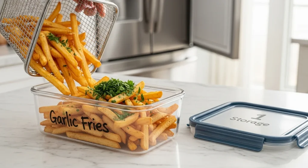 How to store and reheat garlic fries.