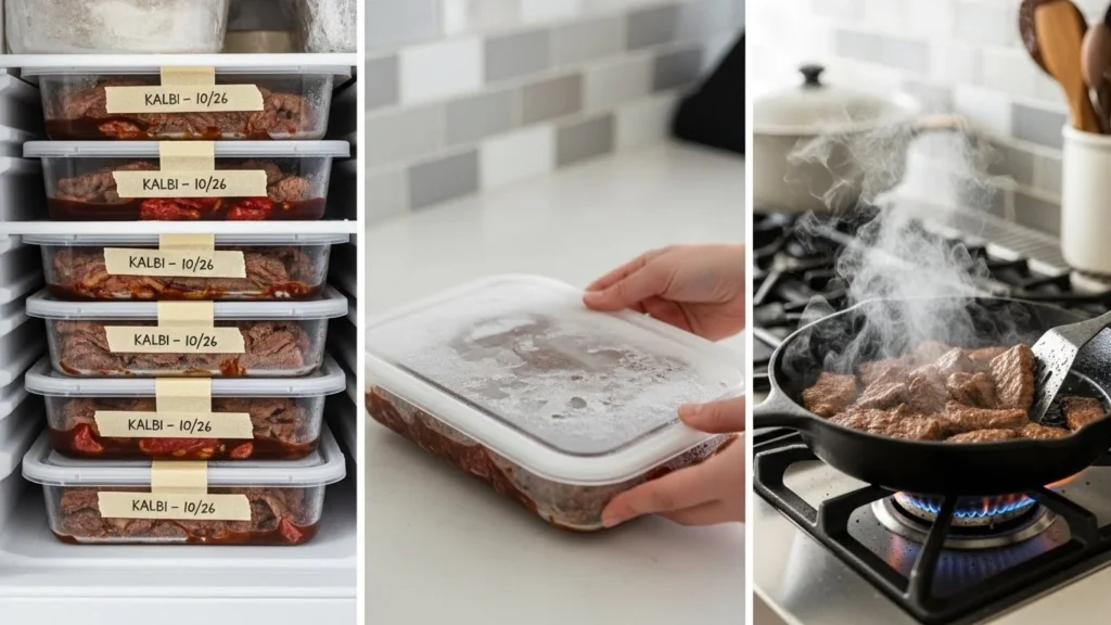 Storage and reheating process for kalbi beef with containers and a skillet.