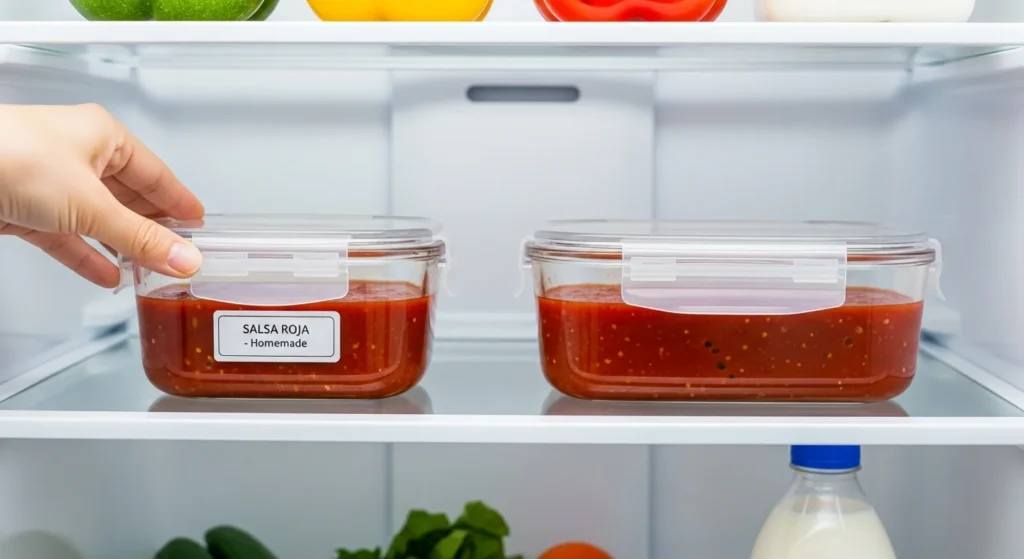 Storage tips for salsa roja in airtight containers.