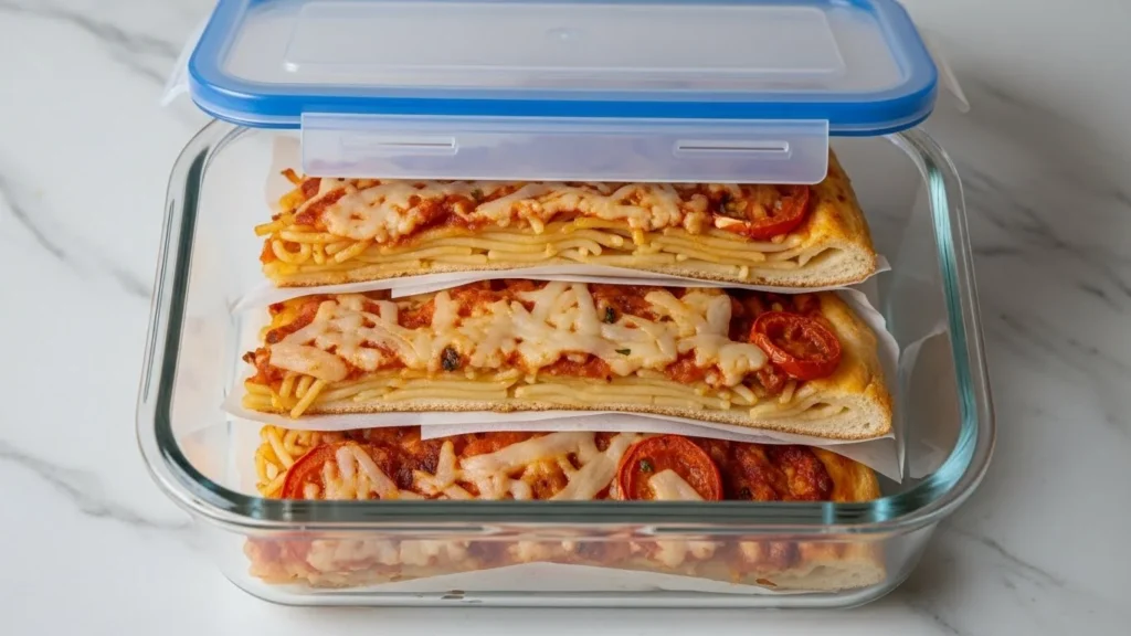 Storage and reheating instructions for spaghetti pizza leftovers.