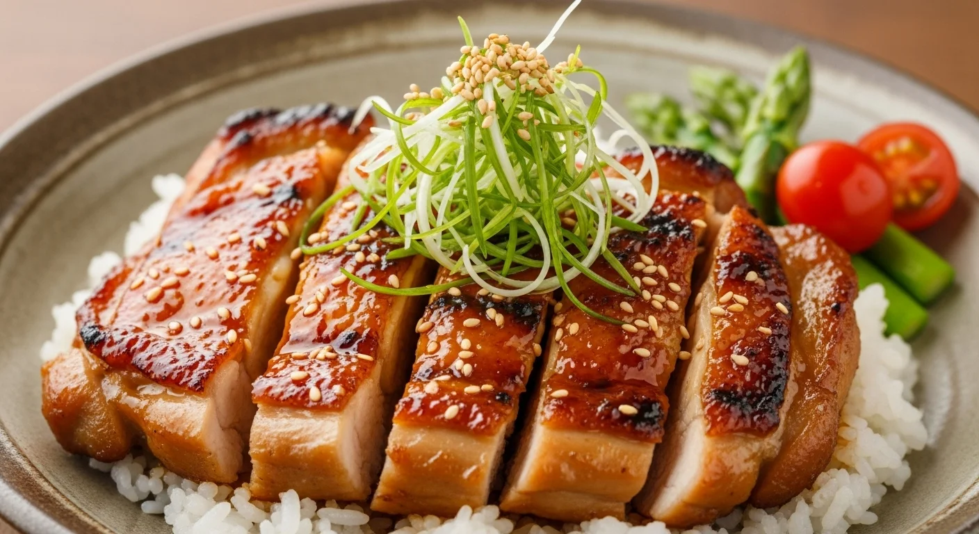 Deliciously plated miso chicken with garnishes.